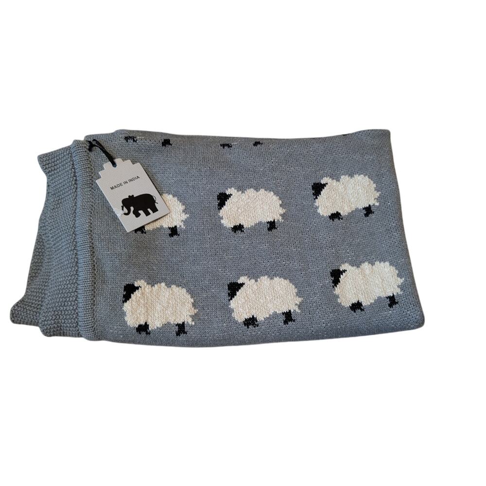 Alimrose Grey Baa Baa Baby Blanket Sheep Cotton Garter Stitch Knit 44x33.5"